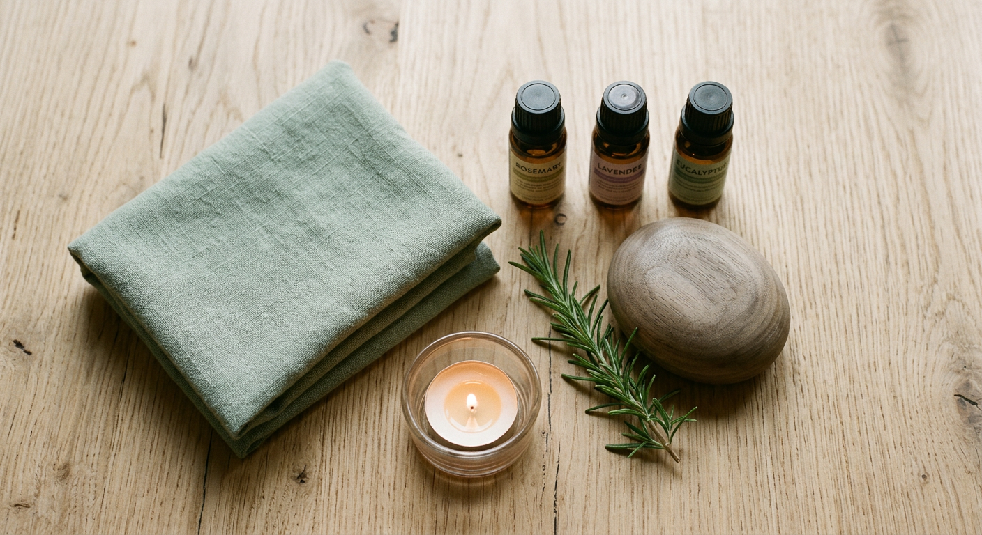A calm flat-lay of aromatherapy oils, a linen towel, a wooden massage stone and a soft candle
